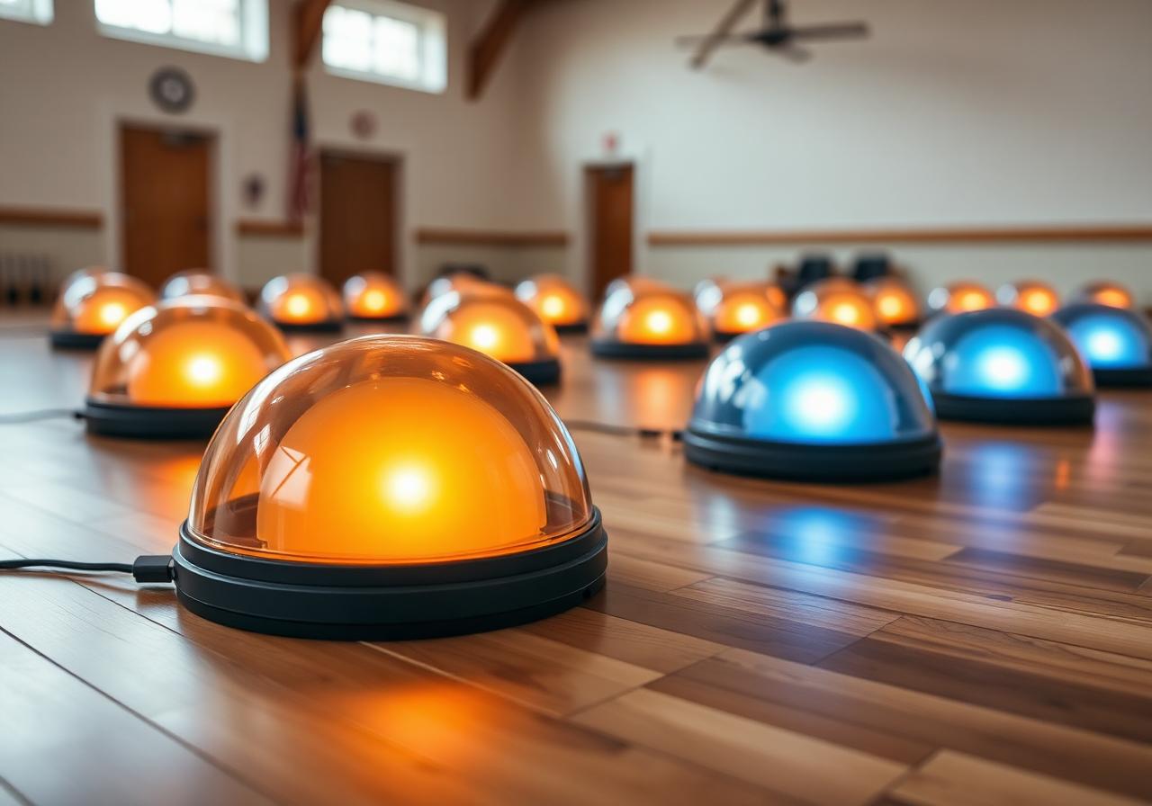 Light-up reaction pads glowing orange and blue on a community hall floor