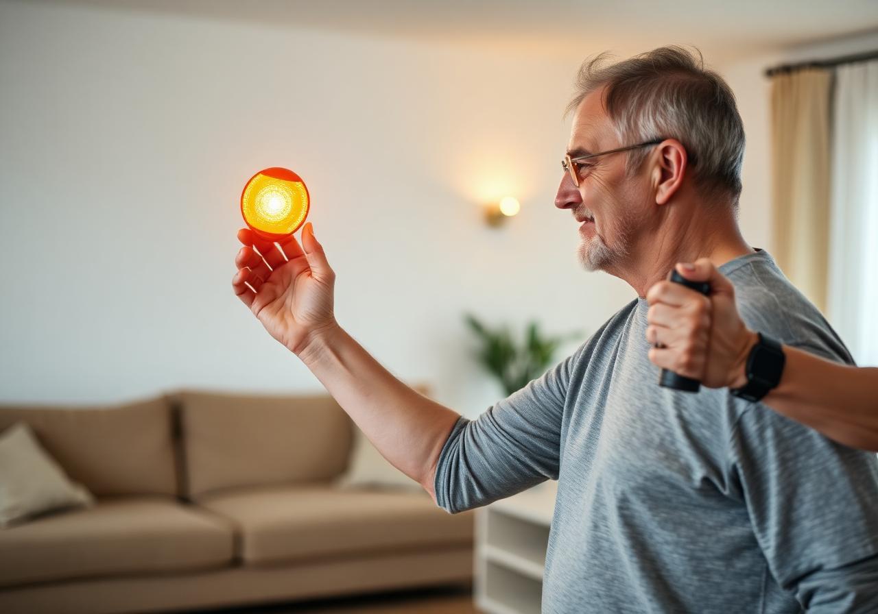 Older adult tapping a glowing orange reaction pod held by a trainer