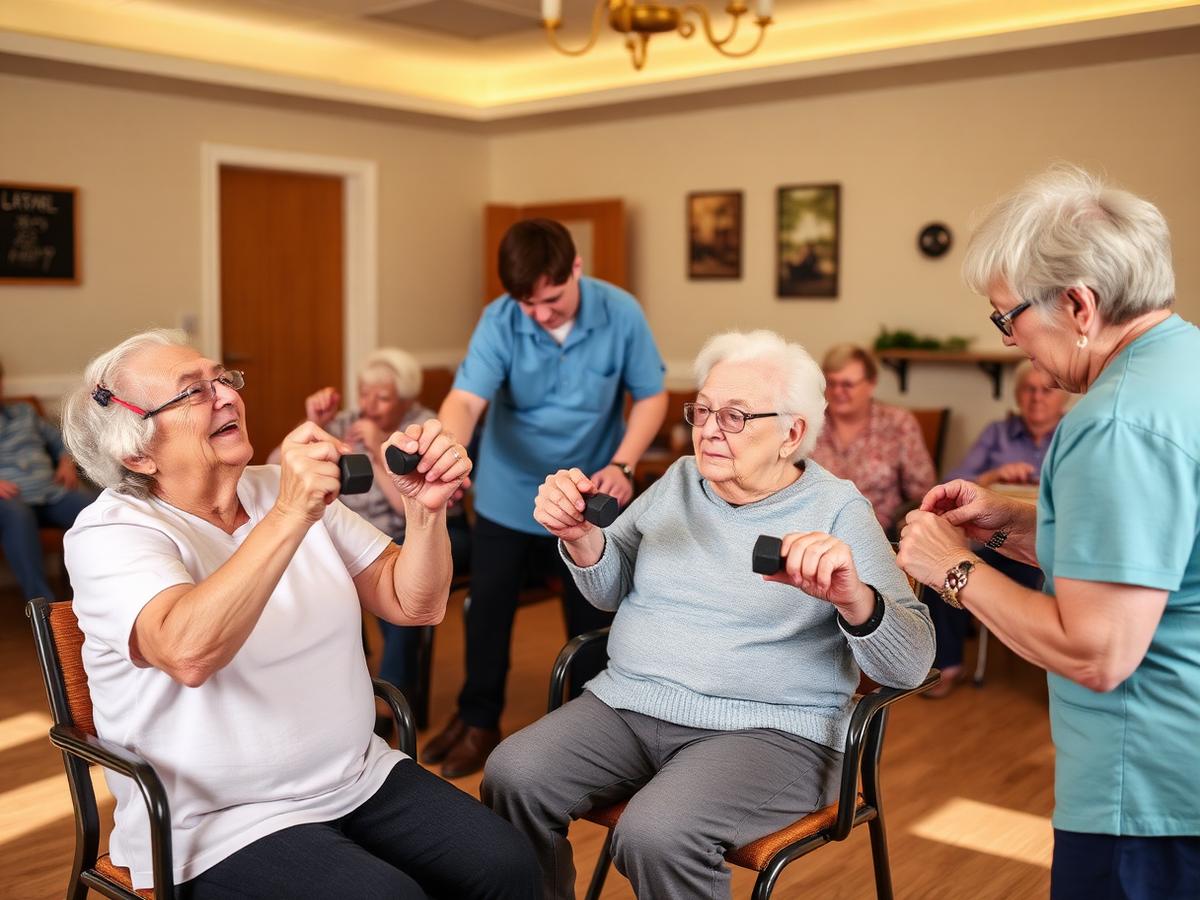 Care home residents doing seated strength exercises with light weights