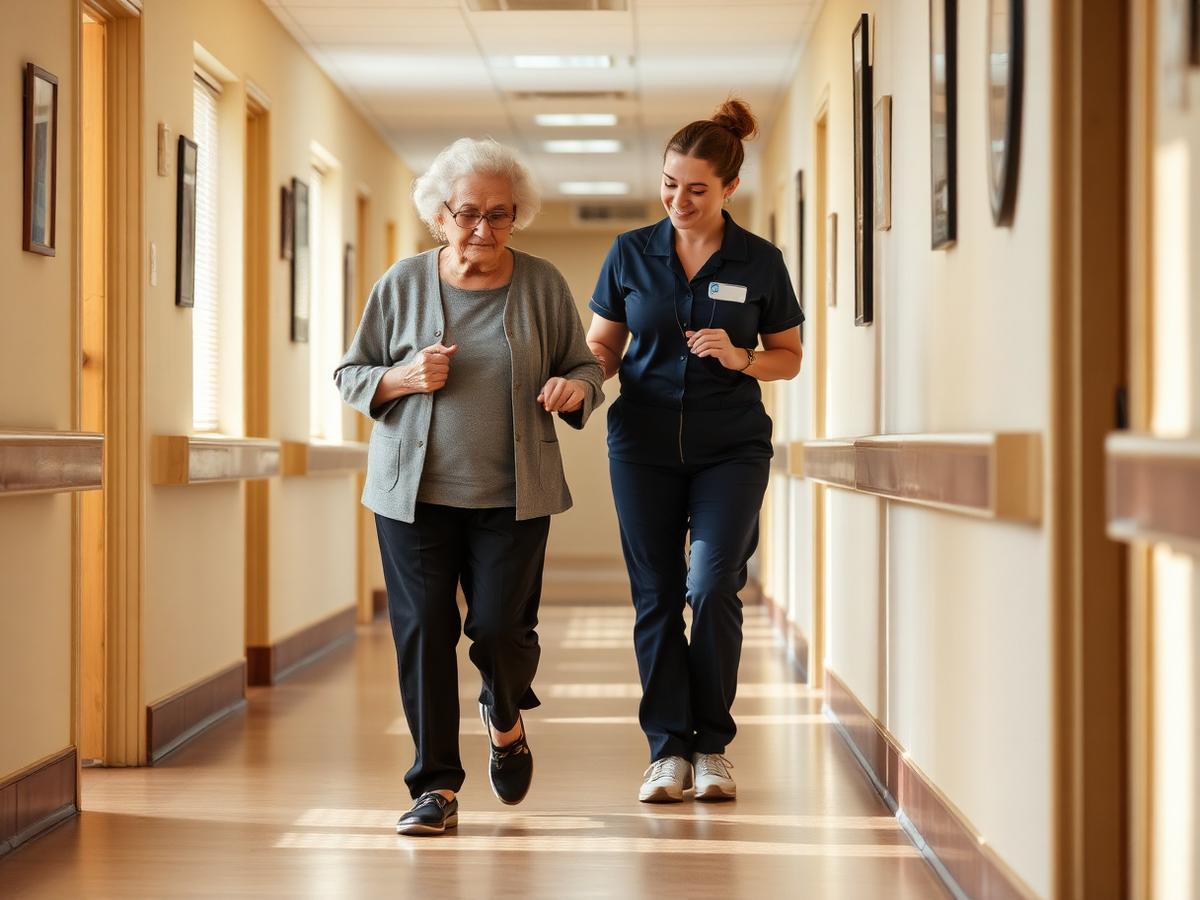Trainer supporting an older woman walking along a care home corridor
