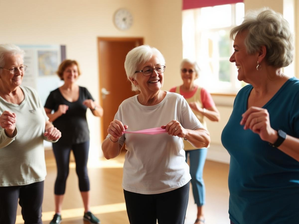 Small community exercise class of adults over 60 using resistance bands