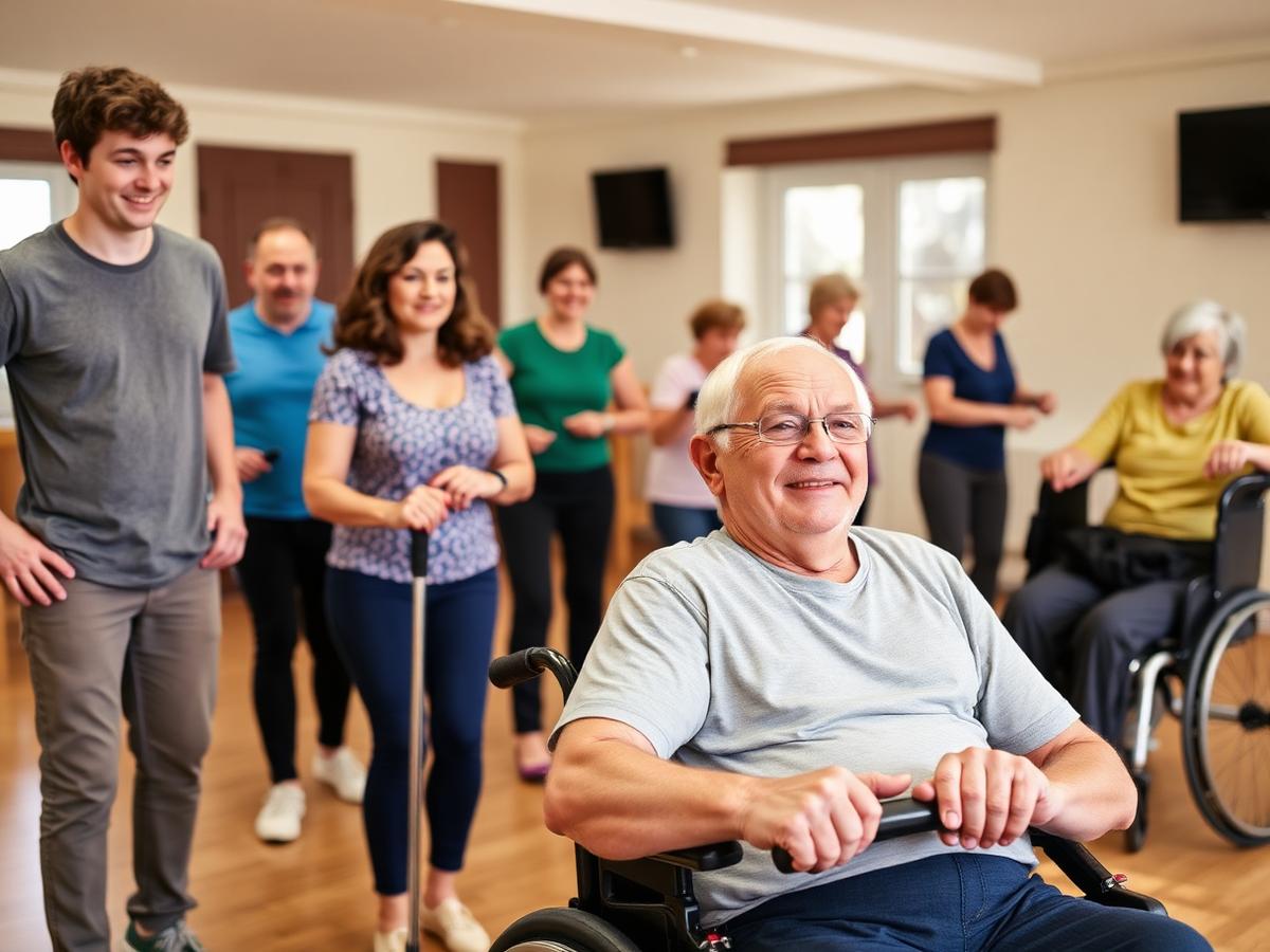 Mixed-age group of adults of different abilities exercising together