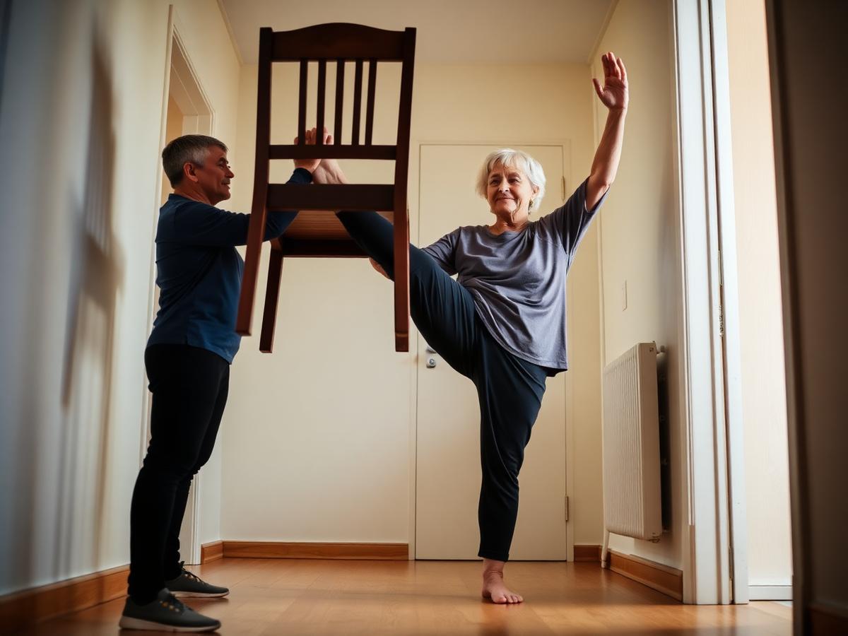 Older woman practising a single-leg balance exercise holding a chair