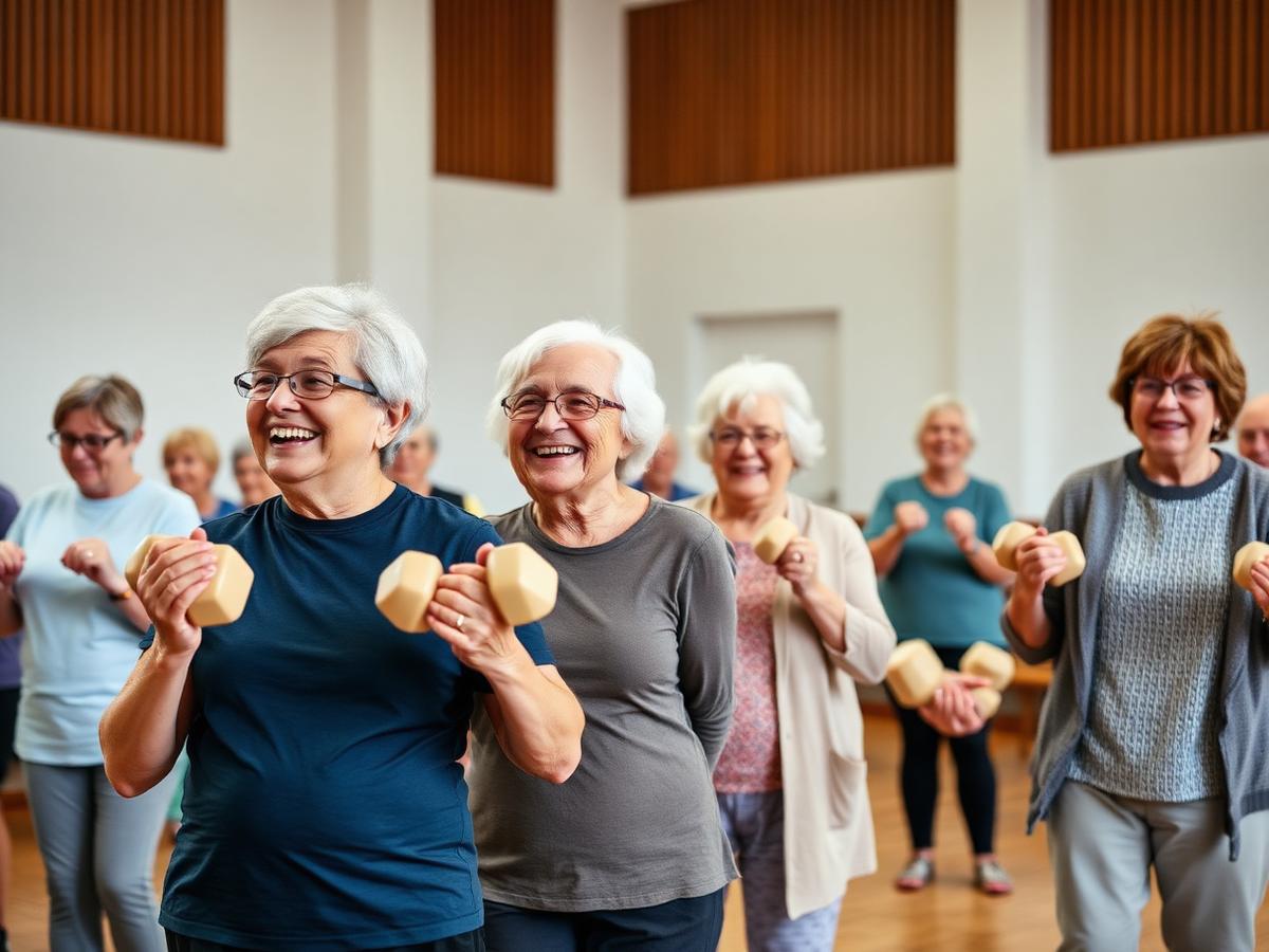 Group of adults over 60 laughing in a community exercise class