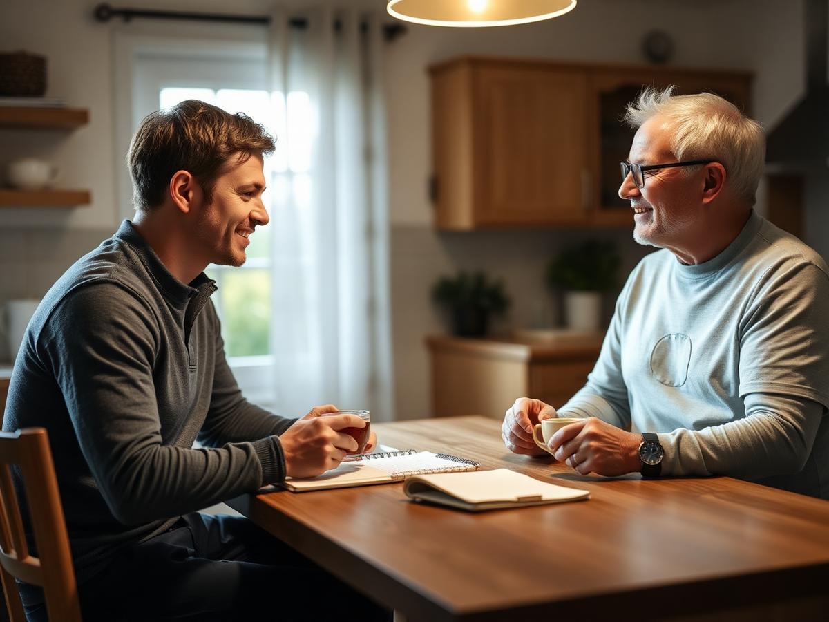 Trainer chatting with an older client over a cup of tea at a kitchen table