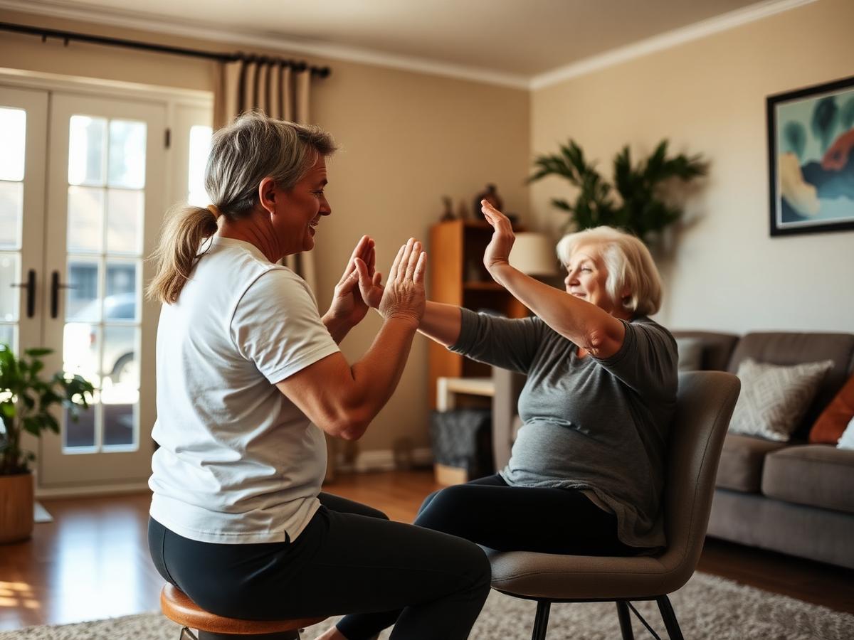 Trainer coaching an older woman one to one through a chair exercise at home